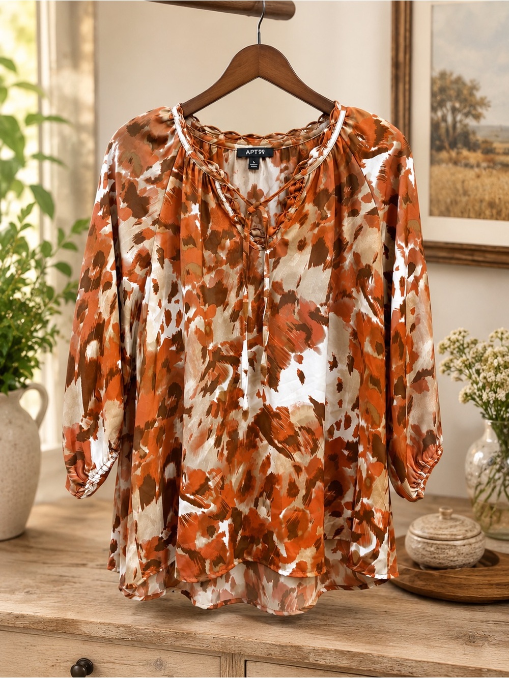 APT. 9 Women’s Large Abstract Print Peasant Blouse Tie Neck Boho Top